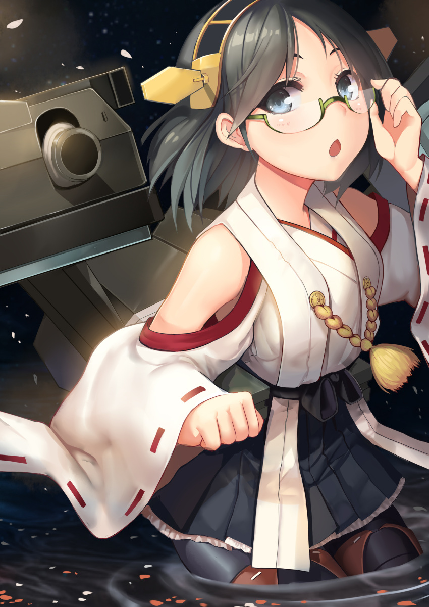 1girl :o absurdres adjusting_glasses akizone bare_shoulders black_hair black_legwear blue_eyes blush boots breasts cannon detached_sleeves glasses green-framed_glasses hairband highres japanese_clothes kantai_collection kirishima_(kantai_collection) nontraditional_miko open_mouth pantyhose short_hair skirt solo thigh-highs thigh_boots turret water