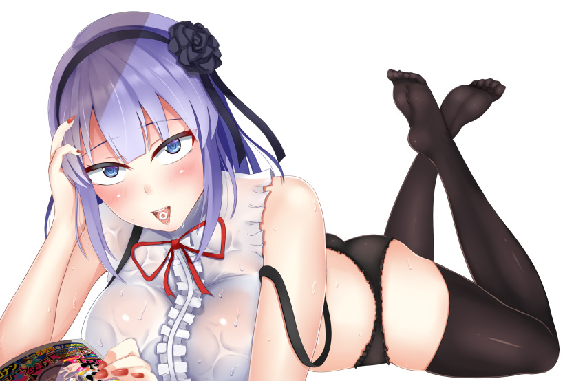 1girl ass bangs black_flower black_legwear black_panties black_ribbon black_rose blue_eyes blush bow breasts candy center_frills crossed_ankles dagashi_kashi eyebrows eyebrows_visible_through_hair flower food food_in_mouth frills hair_flower hair_ornament hair_ribbon hairband hand_on_own_head highres large_breasts looking_at_viewer lying magazine nail_polish neck_ribbon no_pants no_shoes on_floor on_stomach open_mouth otono_fei panties purple_hair red_nails red_ribbon ribbon ringed_eyes rose saliva see-through shidare_hotaru shirt short_hair simple_background sleeveless sliding_doors smile soles solo strap_slip suspenders sweat thigh-highs tongue underwear wet white_background white_shirt