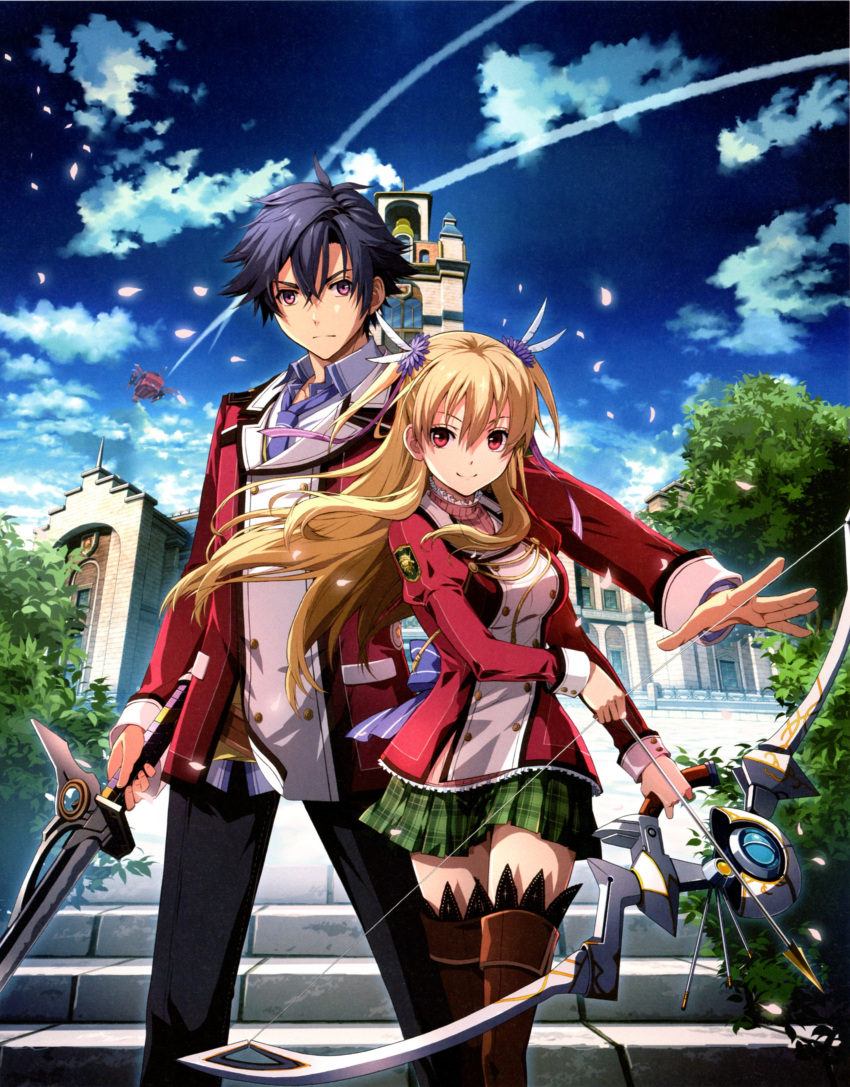 1boy 1girl absurdres airship alisa_reinford arrow bell_tower boots bow_(weapon) building clouds eiyuu_densetsu enami_katsumi floating_hair highres holding_weapon looking_at_viewer official_art rean_schwartzer sen_no_kiseki sky sword thigh-highs thigh_boots tree two_side_up uniform weapon