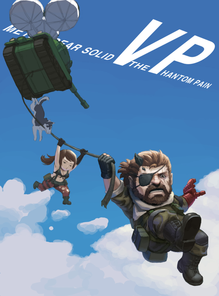 1boy 1girl brown_hair clouds diamond_dog dog eyepatch highres long_hair loped metal_gear_(series) metal_gear_solid metal_gear_solid_v military military_vehicle pantyhose parachute parody ponytail quiet_(metal_gear) rope sky tank torn_clothes torn_pantyhose up_(disney) vehicle