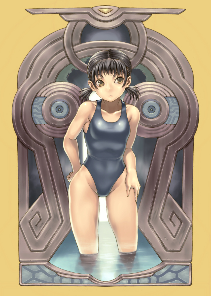 brown_eyes highres imamushi one-piece one-piece_swimsuit original short_hair short_twintails solo swimsuit twintails wading water wide_hips