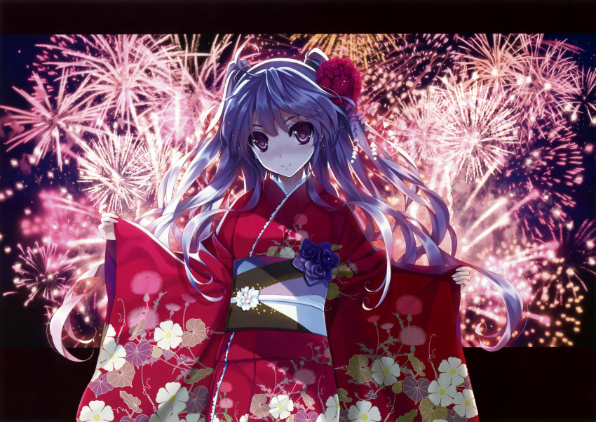 1girl absurdres blush fireworks floral_print flower full-face_blush hair_flower hair_ornament highres japanese_clothes kimono kuroya_shinobu letterboxed long_hair obi outstretched_arms purple_hair scan sleeves_past_wrists smile solo spread_arms two_side_up violet_eyes wide_sleeves
