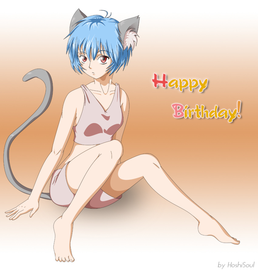 ayanami_rei bare_feet barefoot blue_hair cat_ears english feet flat_chest happy_birthday highres hoshisoul neon_genesis_evangelion red_eyes short_hair shorts sitting tail tank_top vector_trace