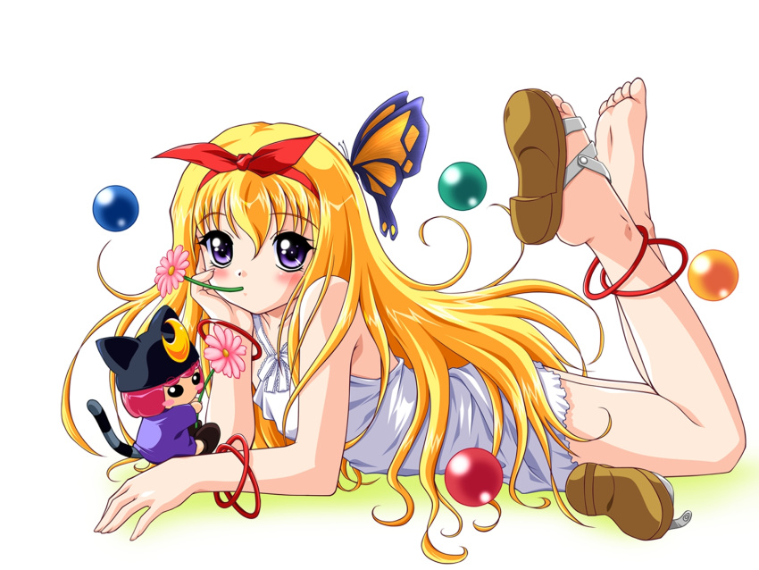 barefoot blonde_hair blush bracelet butterfly dress feet fifth flat_chest flower hairband hands highres jewelry legs legs_up lying mana_(fifth) mouth_hold nonohara_miki on_stomach one_shoe purple_eyes sandals single_shoe soles toes violet_eyes wallpaper