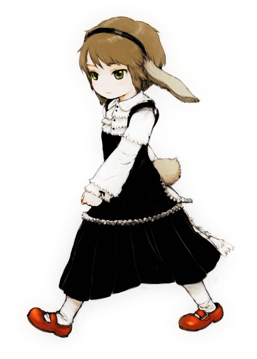 animal_ears bad_id brown_hair bunny_ears child dress feral_lemma hairband highres mary_janes rabbit_ears short_hair simple_background tail walking