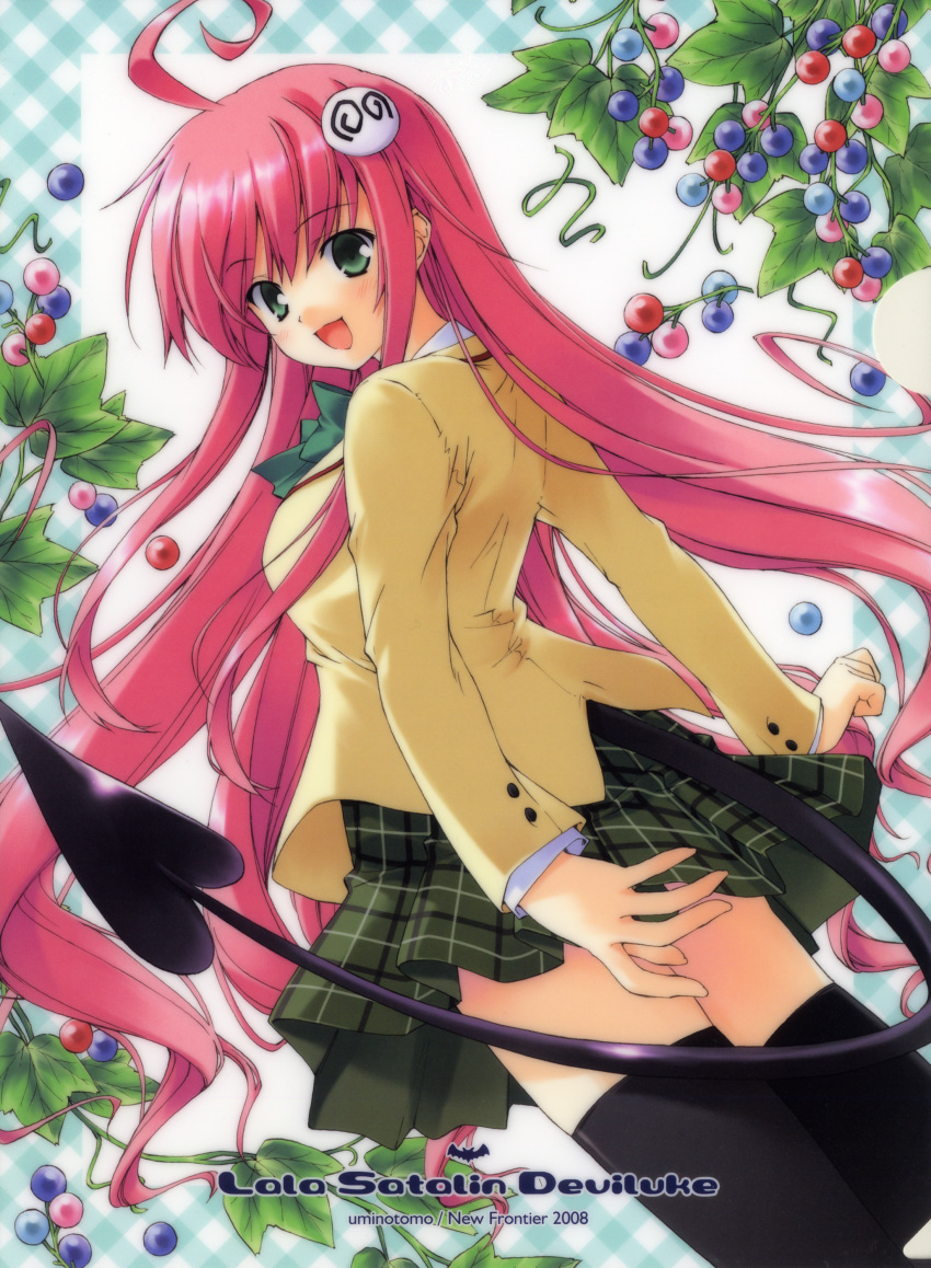 ahoge blush demon_tail green_eyes hair_ornament happy highres lala_satalin_deviluke long_hair looking_back peke pink_hair plaid school_uniform skirt tail tartan thigh-highs thighhighs to_love-ru umino_tomo zettai_ryouiki