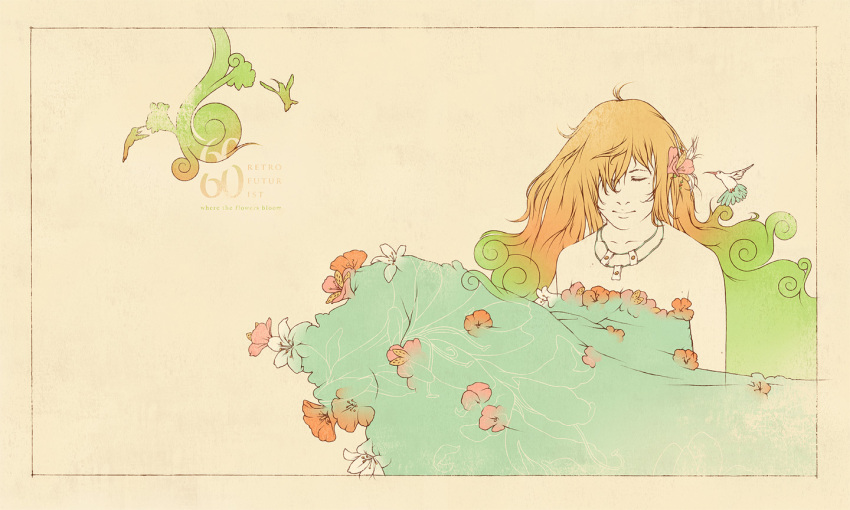 60 abstract bird border brown_hair closed_eyes dress flower hair_flower hair_ornament hummingbird jewelry lily_(flower) long_hair messy_hair mole necklace original pale_color scenery solo standing strapless studio_qube surreal