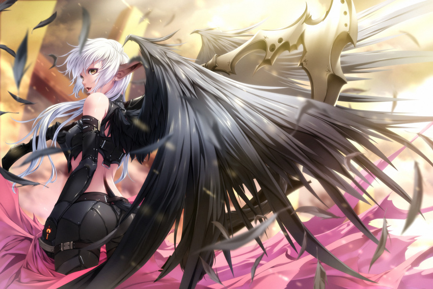 1girl ass back bare_shoulders black_wings crop_top demon_girl demon_tail detached_sleeves feathers highres long_hair long_sleeves midriff original pants pointy_ears rezi scythe silver_hair slit_pupils solo tail very_long_hair wings yellow_eyes