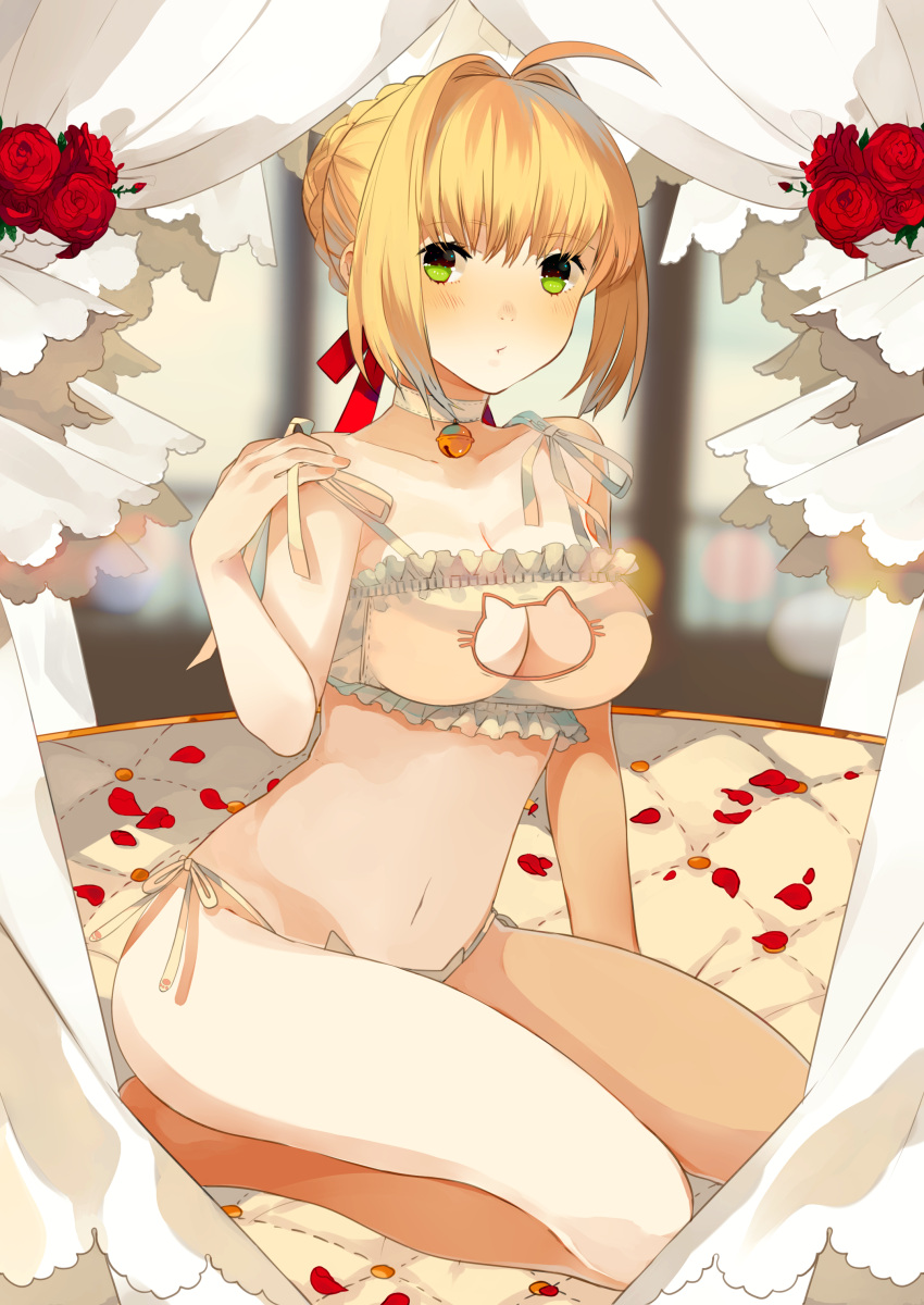 1girl absurdres ahoge bangs bare_shoulders bed bed_sheet blonde_hair blurry_background blush bra breasts cat_cutout cleavage cleavage_cutout collarbone eyebrows eyebrows_visible_through_hair fate/stay_night fate_(series) flower frilled_bra frills green_eyes hair_intakes hair_ribbon highres midriff navel on_bed owl-pudding panties petals red_ribbon red_rose ribbon rose rose_petals saber seiza short_hair sitting solo stomach tareme underwear underwear_only white_bra white_panties