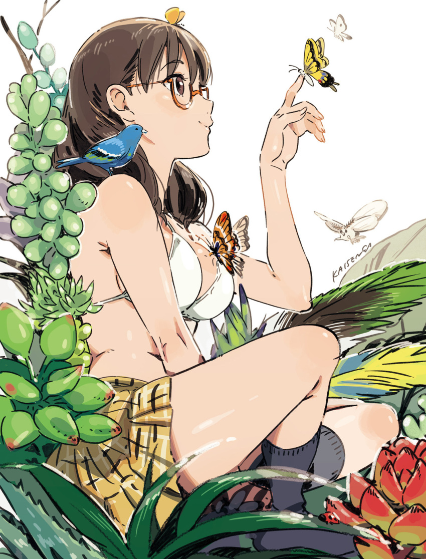 1girl animal animal_on_head animal_on_shoulder artist_name bare_arms beak between_legs bikini bikini_top bird black_legwear blush branch breasts brown_hair butterfly cleavage closed_mouth eyebrows eyebrows_visible_through_hair from_side full_body glasses grass hand_between_legs highres index_finger_raised indian_style insect kaisen ladybug long_hair navel on_shoulder plaid plaid_skirt plant profile semi-rimless_glasses shiny shiny_skin simple_background sitting skirt smile socks spread_legs swimsuit under-rim_glasses vines white_background white_bikini wings yellow_skirt