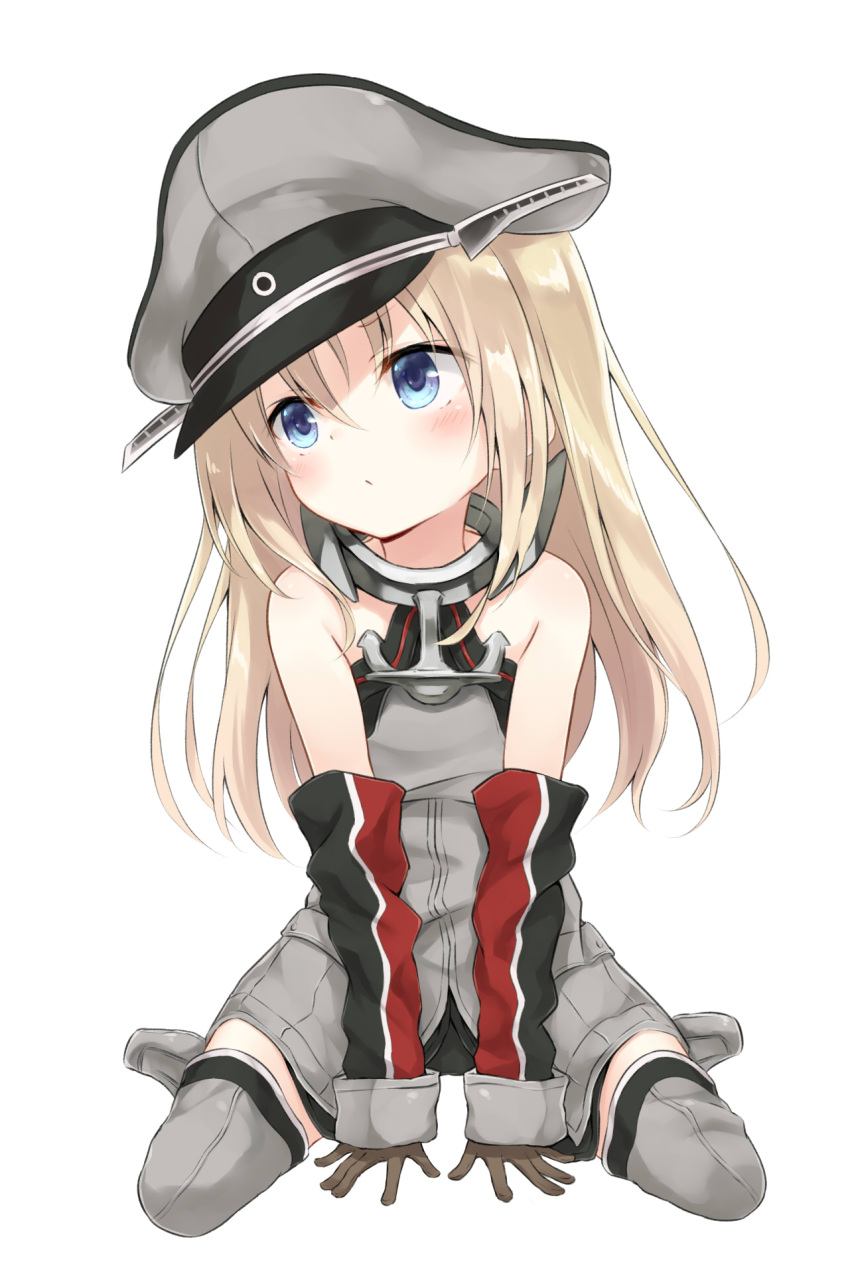 1girl anchor anchor_choker azuuru_(azure0608) bare_shoulders bismarck_(kantai_collection) blonde_hair blue_eyes blush chestplate detached_sleeves gloves hat highres kantai_collection long_hair looking_to_the_side military_hat peaked_cap sitting solo thigh-highs wariza white_background younger