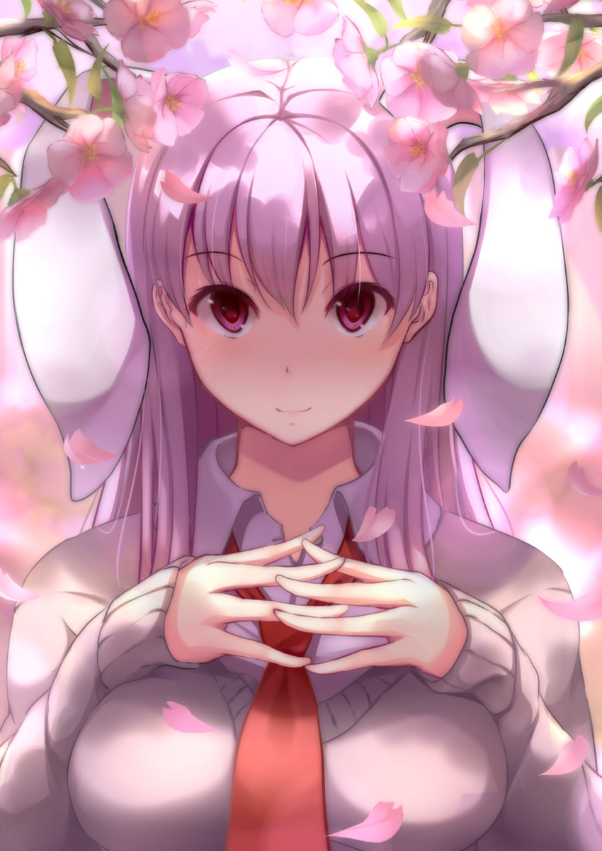1girl animal_ears bangs breasts cherry_blossoms dappled_sunlight eyebrows eyebrows_visible_through_hair hair_between_eyes high_collar highres interlocked_fingers long_hair long_sleeves looking_at_viewer necktie nicoby pink_eyes purple_hair rabbit_ears red_necktie reisen_udongein_inaba smile solo sunlight touhou upper_body