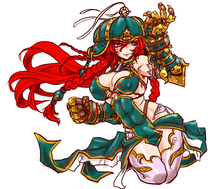1girl abs alternate_costume armpits blue_eyes braid breasts cleavage clenched_hand commentary_request covered_nipples eyeliner eyeshadow facial_mark garter_belt gauntlets green_hat hair_between_eyes hair_tubes hand_up hat highres hips hong_meiling ledjoker07 legs_up long_hair looking_to_the_side makeup multiple_braids muscle muscular_female parted_lips print_legwear puffy_nipples redhead shiny shiny_skin simple_background sketch smile solo star thigh-highs thighs third_eye touhou twin_braids very_long_hair waist white_background white_legwear