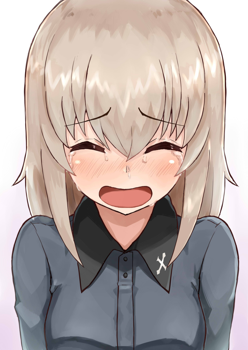 1girl :d ^_^ absurdres blush closed_eyes crying girls_und_panzer highres itsumi_erika long_hair looking_at_viewer okitsugu open_mouth silver_hair smile solo
