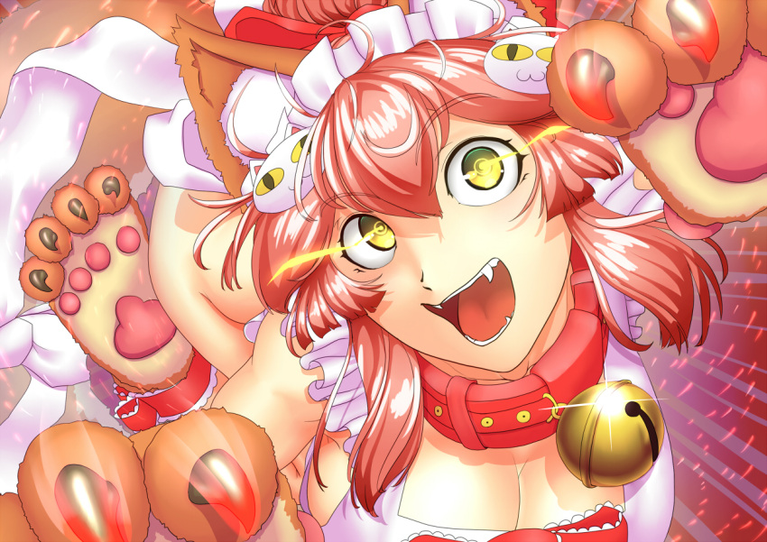 1girl animal_ears apron bell bell_collar breasts caster_(fate/extra) cleavage collar fang fate/grand_order fate_(series) fox_ears fox_tail hair_ribbon large_breasts long_hair looking_at_viewer naked_apron open_mouth pink_hair ribbon solo tail tamamo_cat_(fate/grand_order) yellow_eyes yui_sora