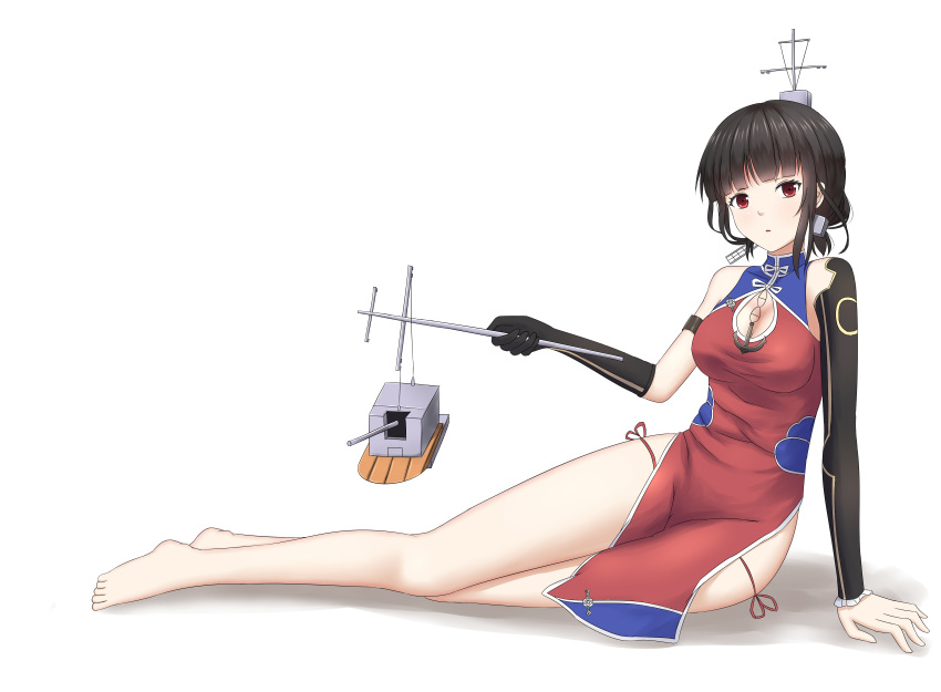 1girl absurdres anchor armband barefoot black_hair breasts cannon china_dress chinese_clothes cleavage cleavage_cutout detached_sleeves dress elbow_gloves gloves hair_ornament highres lowleg lowleg_panties machinery mast panties puppet_strings red_eyes short_hair side-tie_panties side_slit single_glove single_sleeve sitting solo turret underwear wujojin yat_sen_(zhan_jian_shao_nyu) zhan_jian_shao_nyu