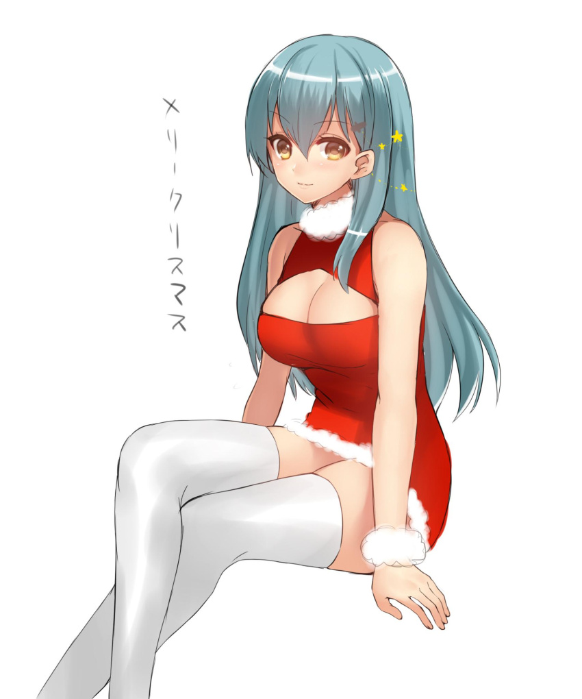 1girl alternate_costume aqua_hair bare_shoulders blush breasts christmas cleavage cleavage_cutout dress hat highres kantai_collection kanzaki_maguro large_breasts long_hair looking_at_viewer red_dress santa_costume santa_hat scrunchie sleeveless smile solo suzuya_(kantai_collection) thigh-highs white_background white_legwear wrist_scrunchie yellow_eyes zettai_ryouiki