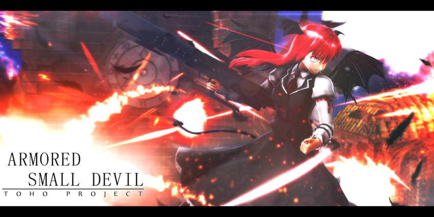 1girl 3d armband assault_rifle black_feathers black_skirt black_vest clenched_hand clock clock_tower collared_shirt copyright_name demon_tail demon_wings dual_wielding energy_sword english explosion grin gun highres koakuma letterboxed light_particles light_trail long_hair long_sleeves looking_to_the_side mikumikudance necktie oyasiro35 puffy_long_sleeves puffy_sleeves red_eyes red_necktie redhead rifle scarlet_devil_mansion shiny shiny_hair shirt skirt skirt_set smile solo sword tail touhou tower weapon white_shirt wings