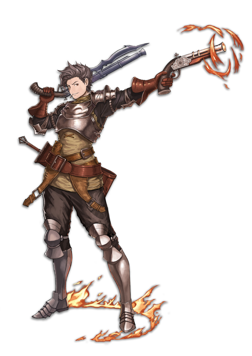 1boy antique_firearm armor armored_boots artist_request boots brown_eyes brown_hair fire firearm firelock flintlock full_body gloves granblue_fantasy gun highres holster leather leather_gloves male_focus pointing rakam_(granblue_fantasy) solo sword toothpick weapon