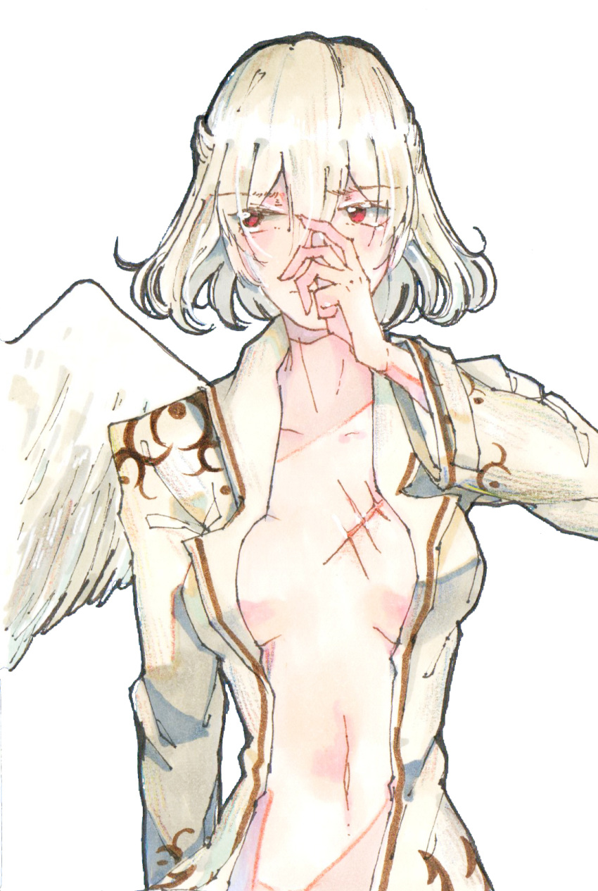 1girl alternate_hair_color angel_wings arm_at_side bangs beige_hair beige_jacket hair_between_eyes hand_over_face highres jacket kishin_sagume long_sleeves looking_to_the_side navel open_clothes open_jacket red_eyes scar seastar short_hair single_wing small_breasts solo stomach touhou upper_body wings