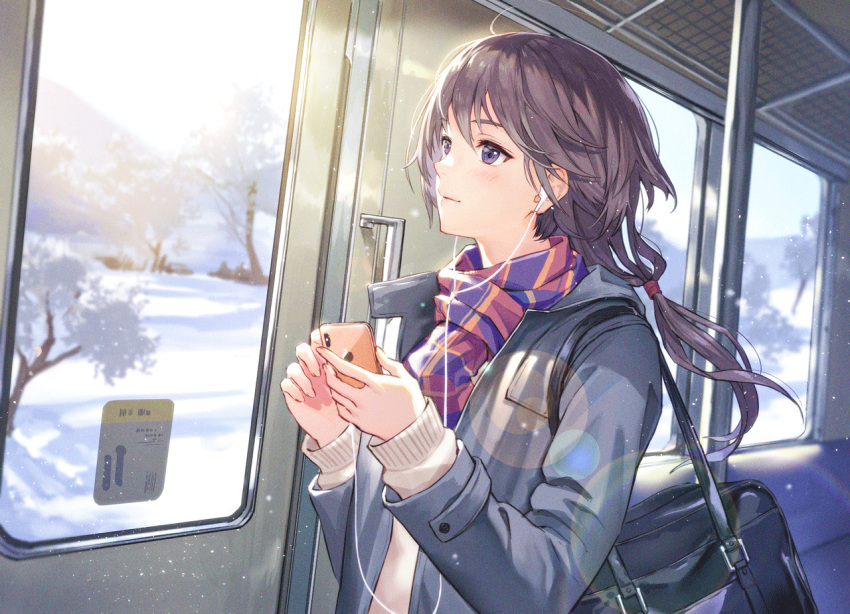 1girl bag bangs blush brown_hair cable coat commentary dutch_angle earphones haru_(hiyori-kohal) holding holding_phone light_particles long_hair long_sleeves looking_away looking_out_window low-tied_long_hair morning open_clothes open_coat original phone plaid plaid_scarf scarf school_bag school_uniform smile snow solo sunlight sweater train_interior tree upper_body violet_eyes winter