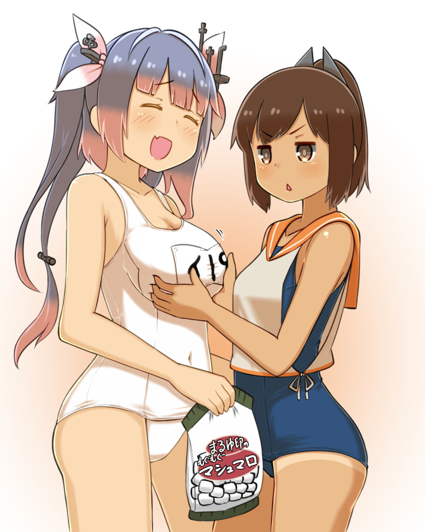 &gt;:&lt; 2girls :d bag bare_shoulders bikini blue_hair blush breast_grab breasts brown_eyes brown_hair capriccyo closed_eyes covered_navel fang grabbing gradient_hair hair_ornament hair_ribbon hairclip headgear height_difference highres holding_bag i-19_(kantai_collection) i-401_(kantai_collection) kantai_collection large_breasts long_hair looking_at_another marshmallow multicolored_hair multiple_girls name_tag one-piece_swimsuit open_mouth pink_hair ponytail ribbon sailor_collar school_swimsuit school_uniform short_ponytail small_breasts smile swimsuit swimsuit_under_clothes tan tanline tri_tails triangle_mouth twintails white_bikini white_school_swimsuit white_swimsuit