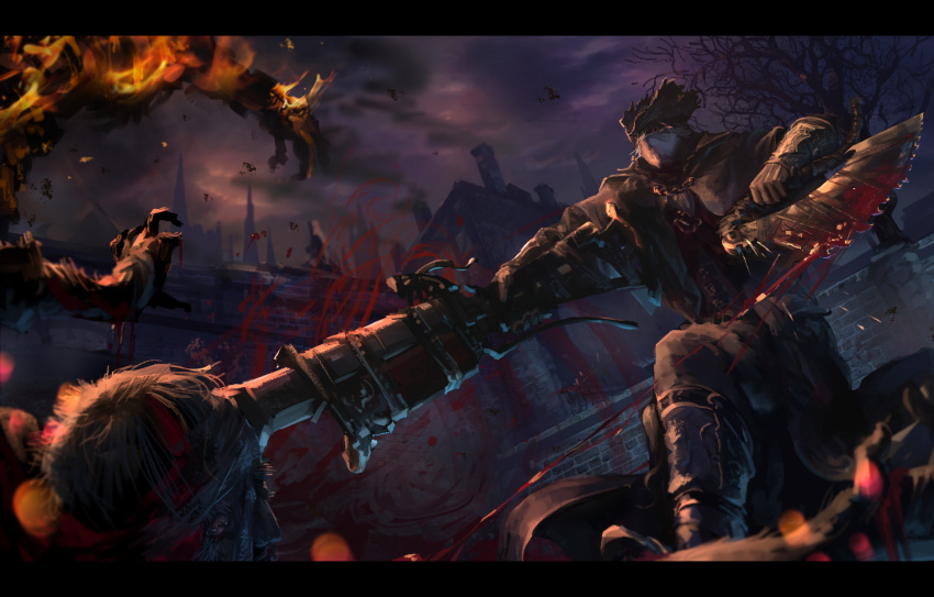 architecture blood bloodborne clouds cloudy_sky fire from_below gothic_architecture gun gun_to_head highres hunter_(bloodborne) hunters_cap kaatoso saw_cleaver sky spire weapon