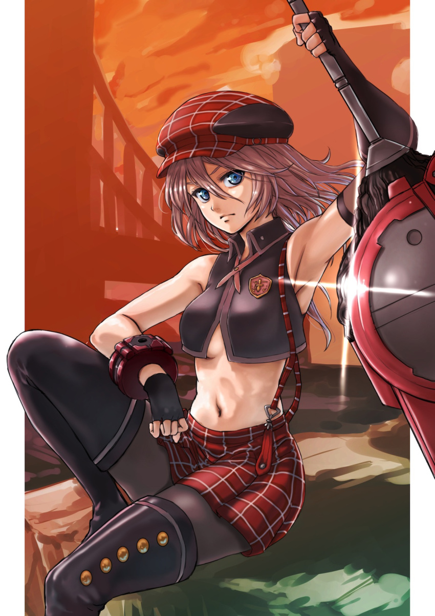1girl alisa_ilinichina_amiella arm_up armpits blue_eyes boots breasts elbow_gloves fingerless_gloves gloves god_eater hat highres huge_weapon long_hair looking_at_viewer pantyhose puma_(hyuma1219) silver_hair skirt solo suspender_skirt suspenders sword thigh-highs thigh_boots weapon