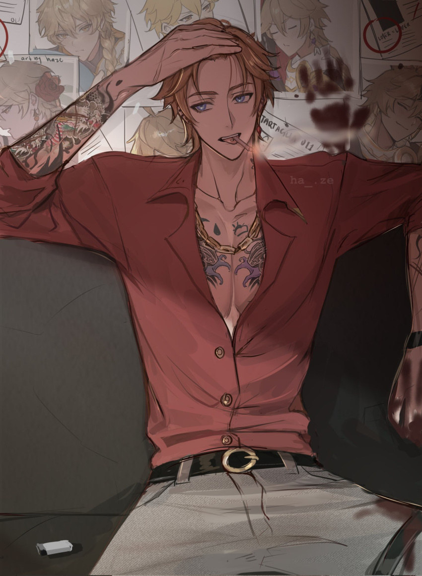 1boy aether_(genshin_impact) arm_tattoo artist_name bangs belt blood blood_on_clothes bloody_handprints blue_eyes chain_necklace chest_tattoo cigarette couch ear_piercing earrings genshin_impact ha_ze hand_on_own_face hand_on_own_head highres jewelry lighter male_focus mouth_hold necklace pants pectoral_cleavage pectorals photo_(object) piercing red_shirt shirt single_earring sitting smoke smoking solo tattoo tongue tongue_piercing