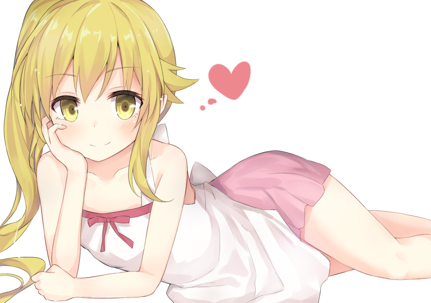 1girl bakemonogatari bangs blonde_hair blush chicking clenched_hand closed_mouth collarbone eyebrows eyebrows_visible_through_hair eyelashes flat_chest hand_on_own_cheek head_rest heart long_hair looking_at_viewer lying monogatari_(series) on_side oshino_shinobu simple_background sleeveless smile solo white_background yellow_eyes