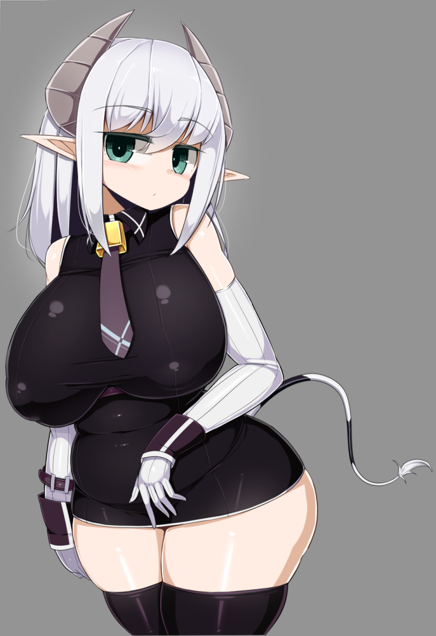 1girl bare_shoulders bell bell_collar belly breasts collar covered_navel cow_bell cow_girl cow_tail curvy demon_girl elbow_gloves gloves green_eyes grey_background highres huge_breasts luna_bittermilk necktie original plump pointy_ears sawati simple_background solo succubus tail thick_thighs thighs wide_hips