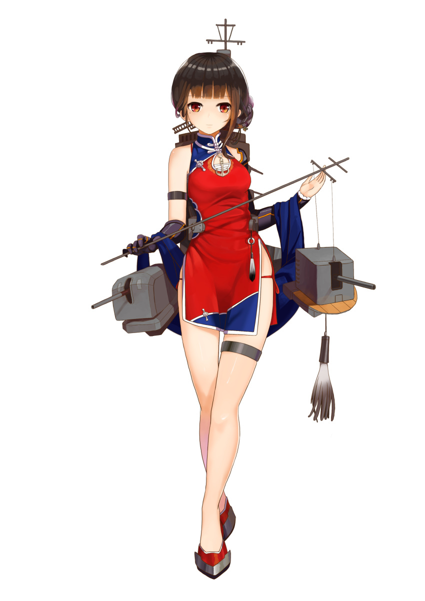 1girl absurdres anchor arm_strap black_hair brown_hair cannon china_dress chinese_clothes detached_sleeves dress elbow_gloves gloves hair_ornament highres liu_lan looking_at_viewer machinery mast official_art puppet_strings red_dress red_eyes shawl short_hair side_slit single_glove single_sleeve solo tassel thigh_strap turret yat_sen_(zhan_jian_shao_nyu) zhan_jian_shao_nyu