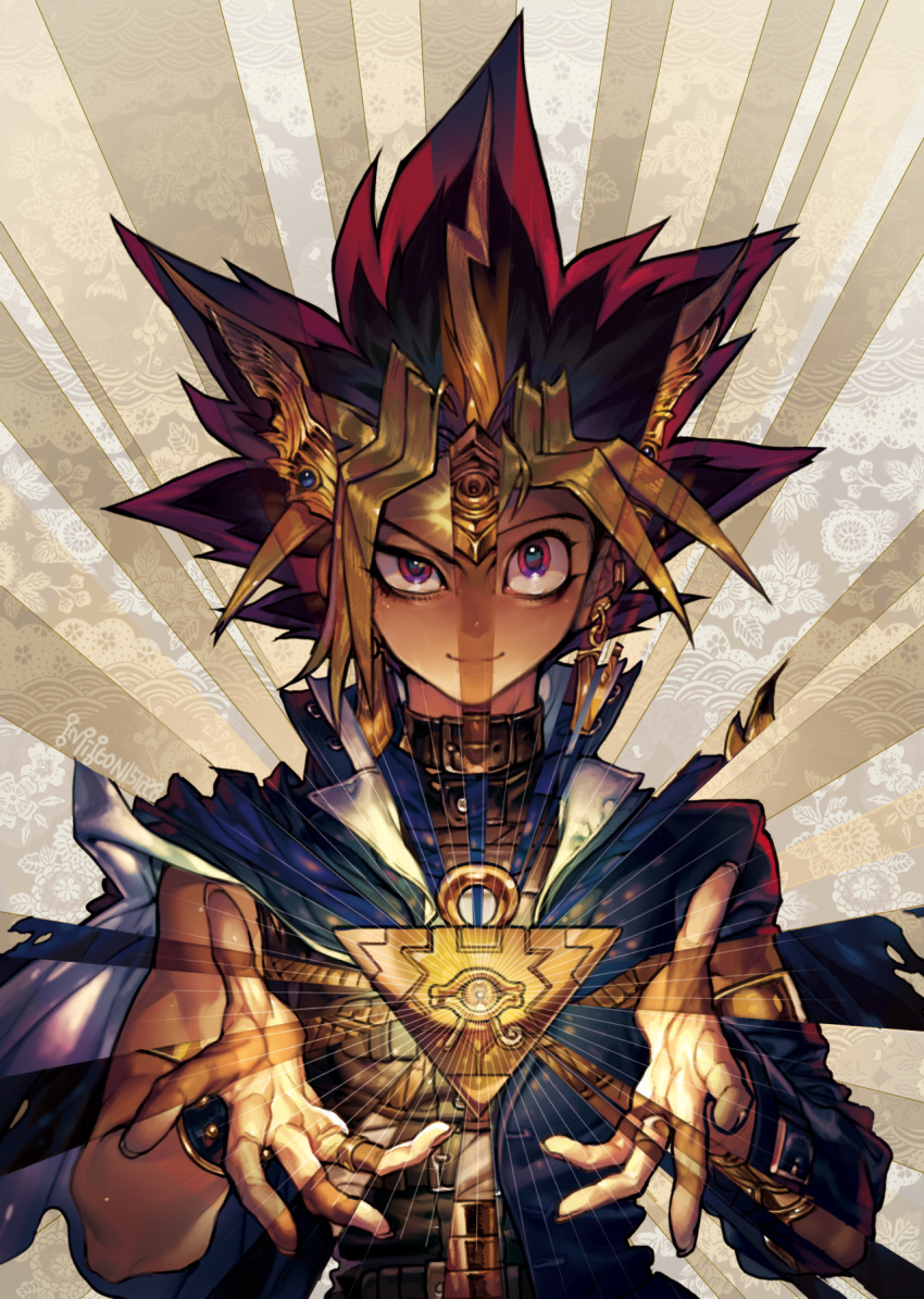 2016 3boys atem belt black_hair blonde_hair dated earrings happy_new_year highres jewelry male_focus millennium_puzzle multicolored_hair multiple_boys mutou_yuugi new_year open_collar pigeon666 pink_eyes pink_hair ring school_uniform smile spiky_hair tiara torn_clothes wrist_cuffs yami_yuugi yuu-gi-ou yuu-gi-ou_duel_monsters