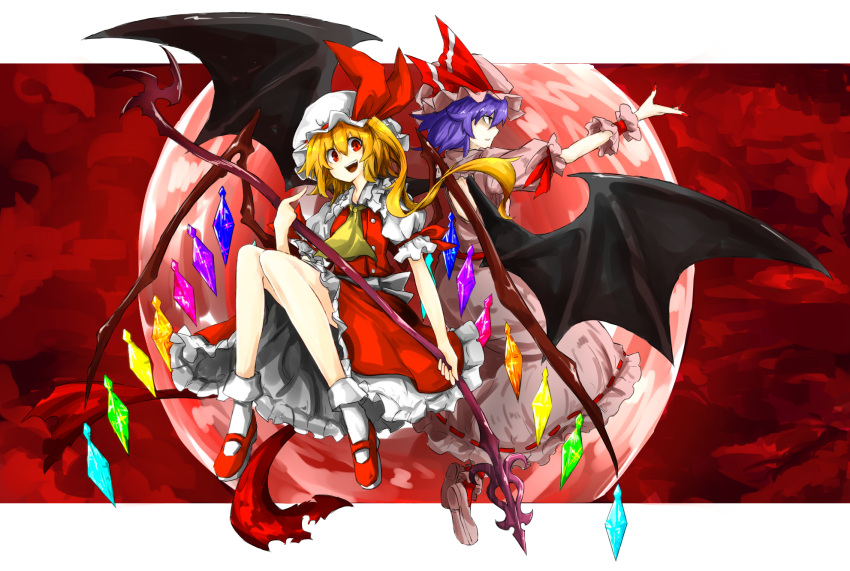 2girls bat_wings blonde_hair blue_hair bow flandre_scarlet hat hat_bow highres kan_(aaaaari35) laevatein mob_cap moon multiple_girls red_eyes red_moon remilia_scarlet siblings side_ponytail sisters touhou wings