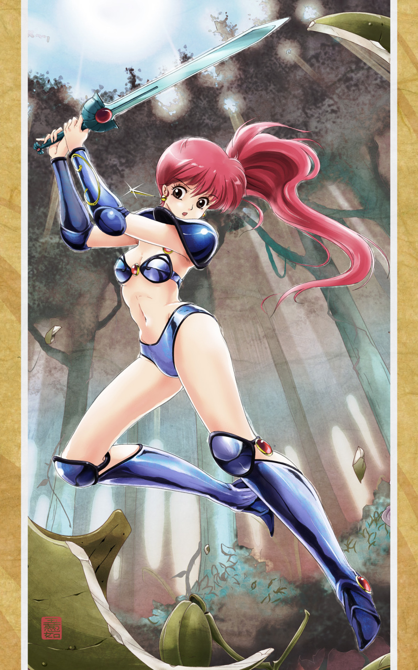 1girl armor arms_up asagiri_youko bangs bikini_armor bikini_top blue_sky boots border breasts brooch brown_eyes bush cleavage crack debris earrings eyebrows eyebrows_visible_through_hair forest full_body genmu_senki_leda highres holding_sword holding_weapon jewelry knee_boots light_rays long_hair nature navel outdoors pauldrons redhead side_ponytail sky solo stomach sword tamanegiinyo tree vambraces weapon