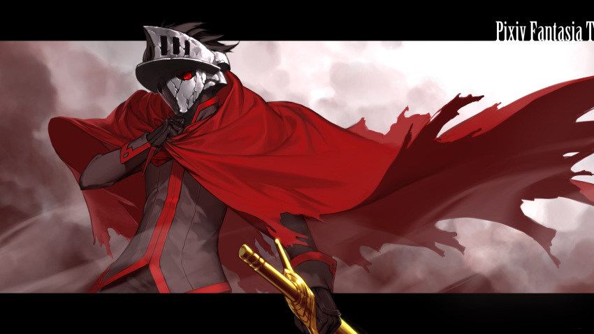 1boy artist_request black cape gloves helmet highres mask pixiv pixiv_fantasia pixiv_fantasia_t red_cape red_eyes sword weapon