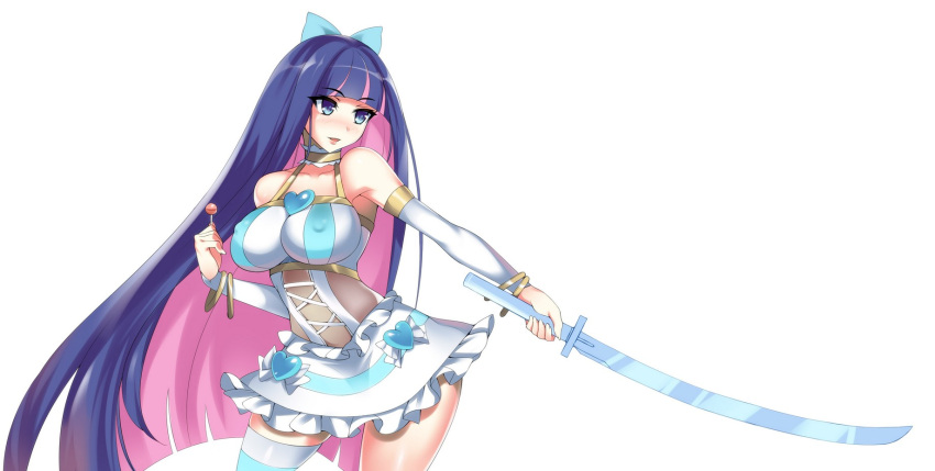 1girl blue_eyes blush bow breasts candy covered_nipples dress frills hair_bow hevn highres large_breasts lollipop long_hair multicolored_hair panty_&amp;_stocking_with_garterbelt pink_eyes purple_hair simple_background single_thighhigh solo stocking_(psg) striped striped_legwear sword thigh-highs two-tone_hair weapon white_background