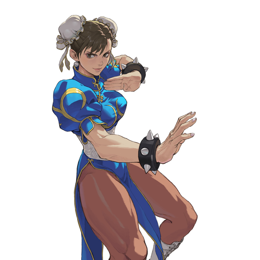 1girl blue_dress bracelet brown_eyes brown_legwear bun_cover china_dress chinese_clothes chun-li closed_mouth double_bun dress earrings eyeshadow feet_out_of_frame female fighting_stance highres jewelry loped makeup pantyhose pelvic_curtain pose puffy_short_sleeves puffy_sleeves short_sleeves side_slit simple_background solo spiked_bracelet spikes street_fighter white_background