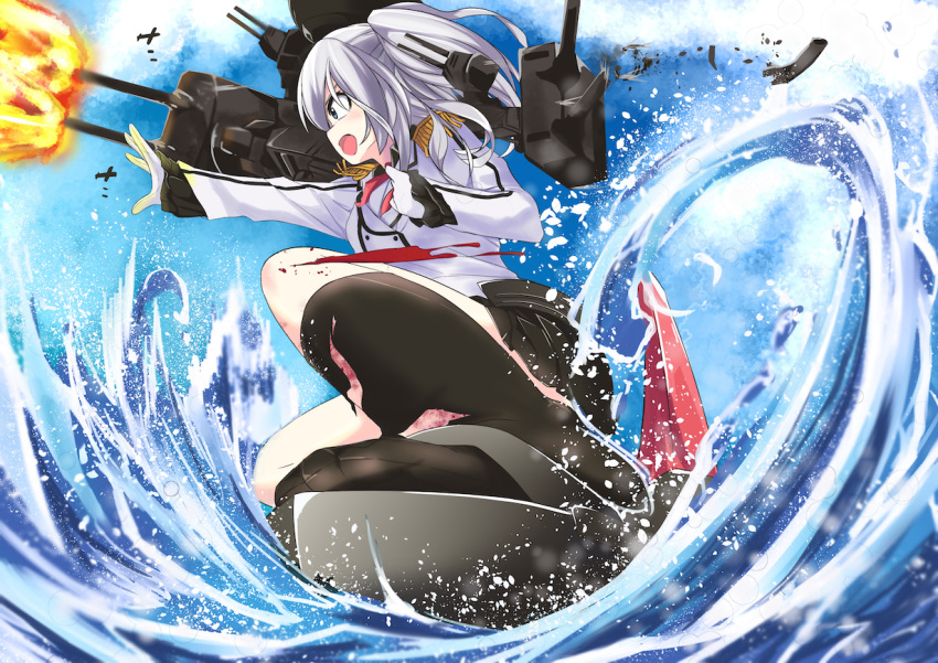1girl :d afloat blood blue_eyes blue_sky bruise cosmicsnic epaulettes firing from_below gloves injury kantai_collection kashima_(kantai_collection) long_hair looking_away machinery ocean open_mouth pleated_skirt silver_hair skirt sky smile solo turret twintails white_gloves