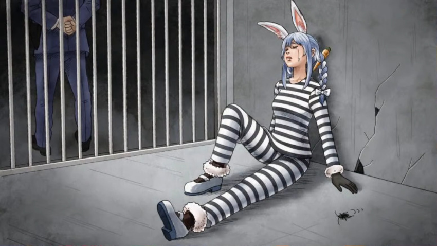 1boy 1girl animal_ears black_gloves blue_hair braid bug bunny_ears carrot_hair_ornament closed_eyes cockroach cracked_wall crying enomoto_yoshitaka food-themed_hair_ornament fur-trimmed_gloves fur_trim gloves hair_ornament hololive long_hair multicolored_hair pants prison_cell prison_clothes rabbit_ears rabbit_girl safe second-party_source shirt sitting solo striped striped_legwear striped_pants striped_shirt tears twin_braids two-tone_hair usada_pekora video_crop virtual_youtuber white_hair