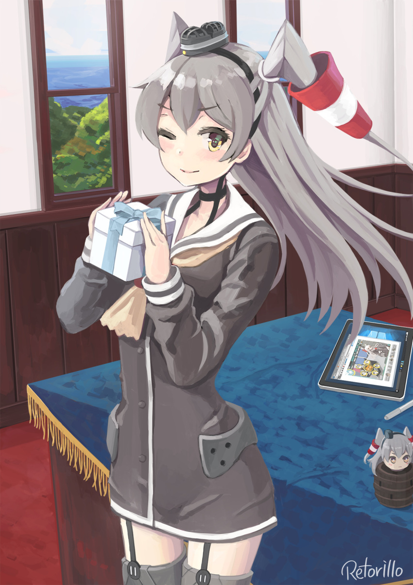 1girl amatsukaze_(kantai_collection) artist_name barrel chibi choker cowboy_shot dress garter_straps gift grey_hair hair_tubes highres holding_gift kantai_collection long_hair looking_at_viewer one_eye_closed pop-up_pirate retorillo sailor_dress solo stylus table tablecloth tablet tagme thigh-highs two_side_up window yellow_eyes