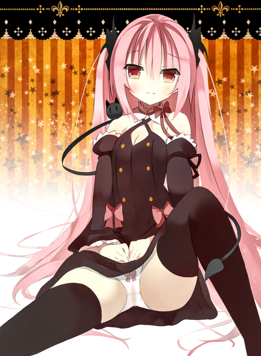 1girl bare_shoulders bow bow_panties detached_sleeves highres krul_tepes long_hair looking_at_viewer owari_no_seraph panties pink_eyes pink_hair pointy_ears red_eyes senya_fuurin solo spread_legs star starry_background thigh-highs underwear vampire