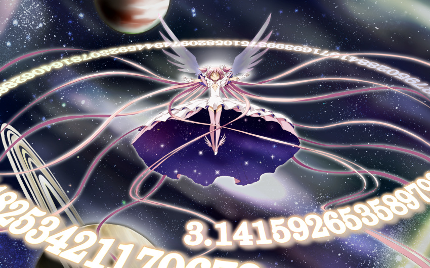 1girl commentary dress gloves goddess_madoka highres kaname_madoka kinfuji long_hair magical_girl mahou_shoujo_madoka_magica mahou_shoujo_madoka_magica_movie number pi_day pink_hair planet space spoilers two_side_up white_dress white_gloves wings yellow_eyes