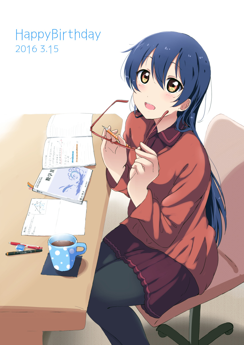 1girl absurdres blue_hair cup glasses glasses_removed haru_(toarutakii) highres long_hair love_live!_school_idol_project mug solo sonoda_umi stationary yellow_eyes