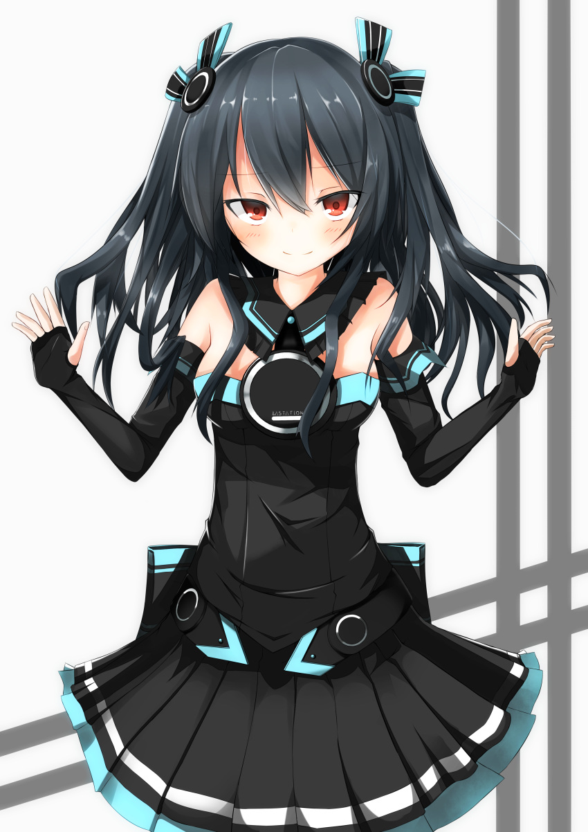 1girl absurdres bare_shoulders black_hair blush elbow_gloves gloves hair_ornament highres long_hair looking_at_viewer neptune_(series) red_eyes smile solo twintails uni_(choujigen_game_neptune) unishi_furano