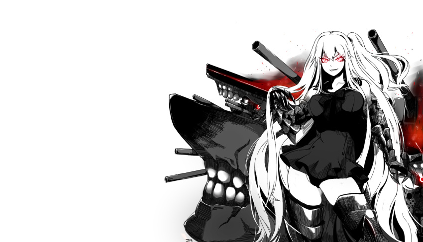 1girl aircraft_carrier_oni armor armored_boots bare_shoulders black_dress black_panties boots breasts cannon claws commentary_request dress gauntlets glowing glowing_eyes highres j.k. kantai_collection large_breasts long_hair looking_at_viewer one_side_up panties red_eyes sailor_dress shinkaisei-kan short_dress smile smirk teeth thigh-highs thigh_boots underwear white_hair white_skin