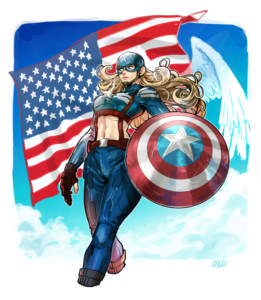 1girl absurdres american_flag artist_name blonde_hair blue_eyes boots captain_america clouds commentary_request curly_hair female fingerless_gloves genderswap gloves helmet highres long_hair marvel mask midriff navel okada_(hoooojicha) genderswap shield sky solo star steve_rogers superhero suspenders toned wings