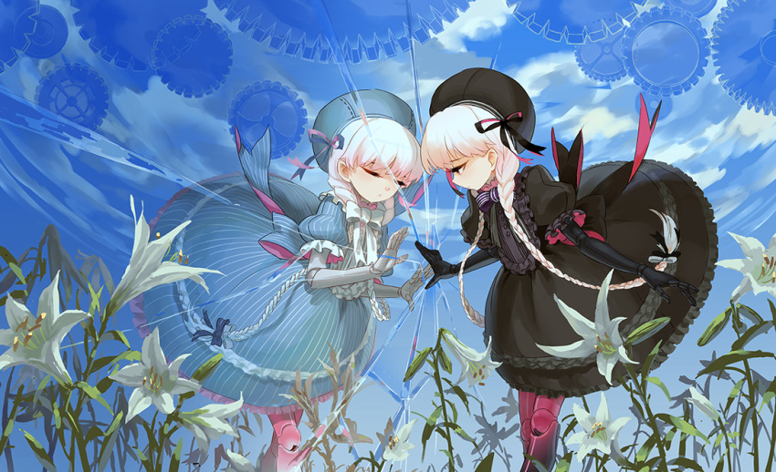 2girls alice_(fate/extra) bangs black_bow black_dress black_eyes black_gloves black_hat black_ribbon blue_bow blue_dress blue_hat blue_ribbon blue_sky bow braid closed_eyes clouds crack different_reflection doll_joints dress dual_persona eyelashes fate/grand_order fate_(series) flower frilled_dress frilled_sleeves frills gears gloves hair_bow hair_ribbon hat lily_(flower) long_hair looking_at_another mirror multiple_girls nursery_rhyme_(fate/grand_order) puffy_short_sleeves puffy_sleeves reaching reflection ribbon seeker short_sleeves sky standing striped striped_bow striped_ribbon twin_braids twintails very_long_hair white_flower white_hair