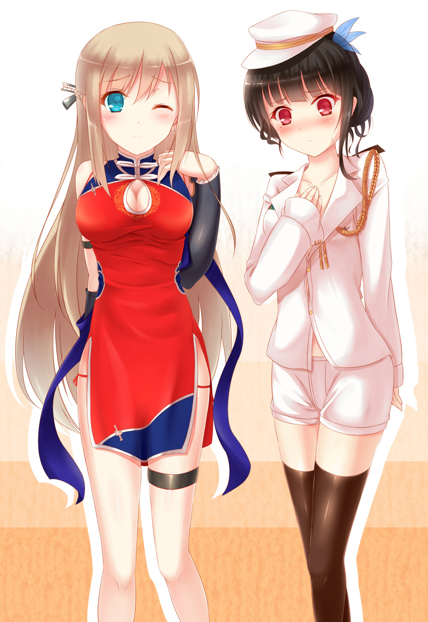 2girls absurdres aiguillette black_gloves black_hair black_legwear blonde_hair blue_eyes blush breasts china_dress chinese_clothes cleavage_cutout cosplay costume_switch detached_sleeves dress dress_shirt epaulettes gloves hair_ornament hat highres large_breasts lexington_(zhan_jian_shao_nyu) lexington_(zhan_jian_shao_nyu)_(cosplay) long_hair looking_at_viewer multiple_girls one_eye_closed peaked_cap red_eyes shawl shirt short_hair shorts side_slit single_glove single_sleeve smile thigh-highs thigh_strap yat_sen_(zhan_jian_shao_nyu) yat_sen_(zhan_jian_shao_nyu)_(cosplay) zhan_jian_shao_nyu zhou_yu_(ppaaqz1995)