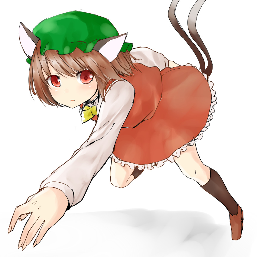 1girl animal_ears bow brown_hair cat_ears cat_tail chen dress earrings hat highres jewelry long_sleeves looking_at_viewer mob_cap multiple_tails nekomata netamaru red_dress red_eyes short_hair simple_background tail touhou